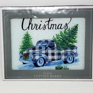 CHRISTMAS Glass Cutting Board  12" X 15" MERRY CHRISTMAS/VINTAGE TRUCK W/TREE